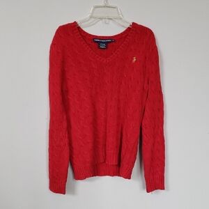 Ralph Lauren Sport V-Neck Sweater Womens L Cable Knit Classic Red Preppy Tennis